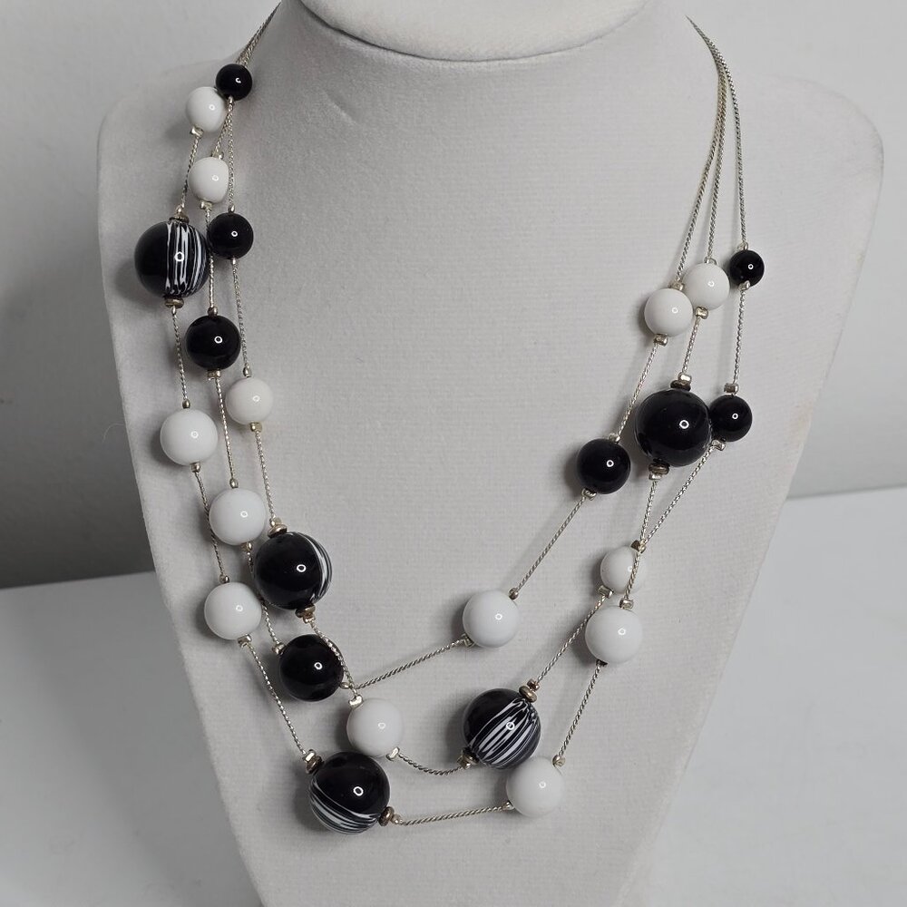 Kohl's Sonoma Necklace Triple Strand Silver Tone Black Swirl White Beads NEW